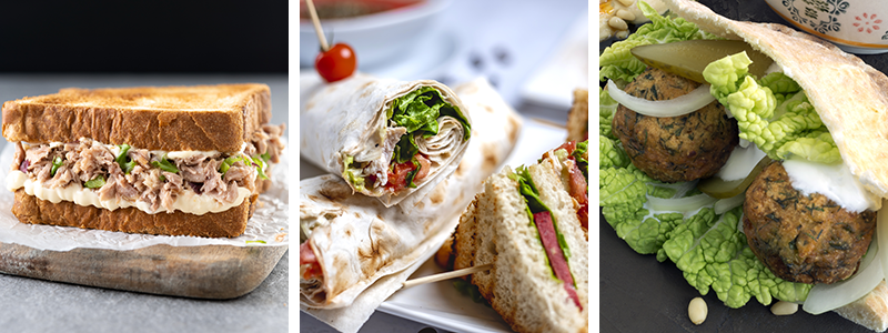 tuna sandwich, wraps and falafel sandwiches