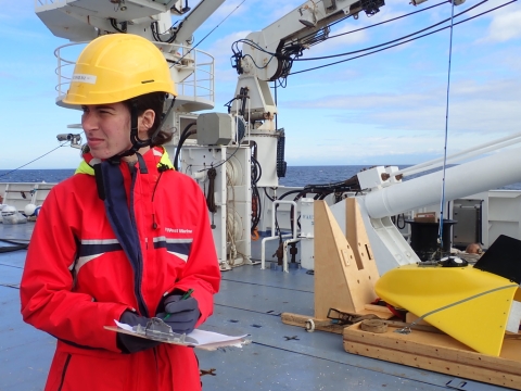Lead author Mara Freilich on a ocean research vessel during a sampling trip. Credit: Amala Mahadevan