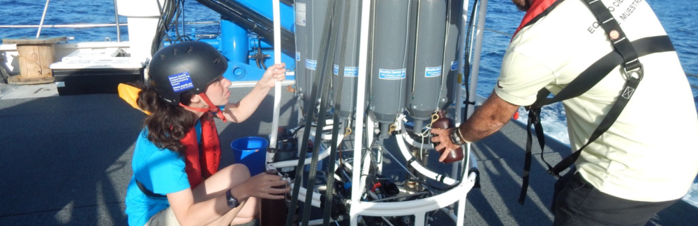 Mara Freilich, left, collecting water that was used to sample different depths of the ocean beneath the research vessel, SOCIB, when Freilich was a graduate student at WHOI/MIT. Credit: Amala Mahadevan