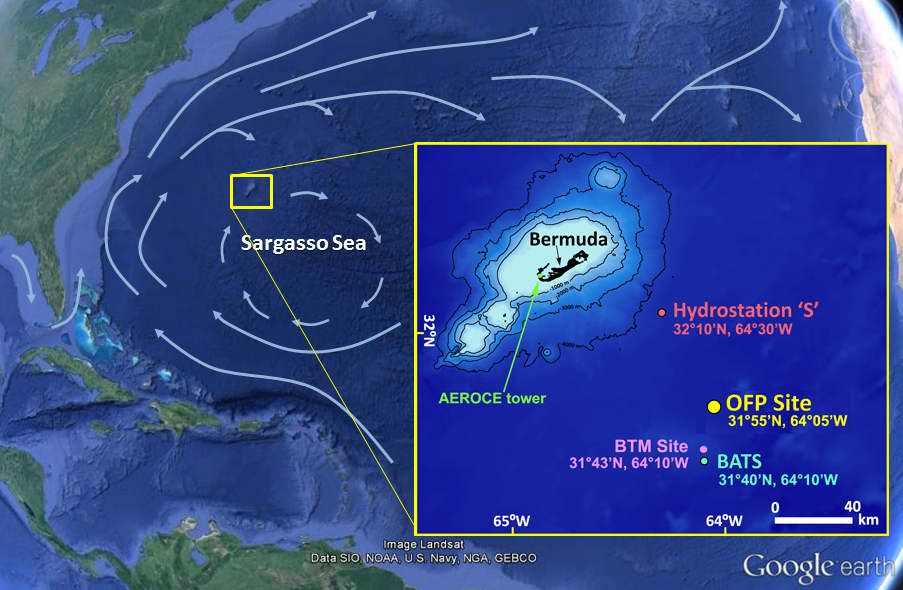Map showing Sargasso Sea area of Oceanic Flux Program with inset of sites off Bermuda.