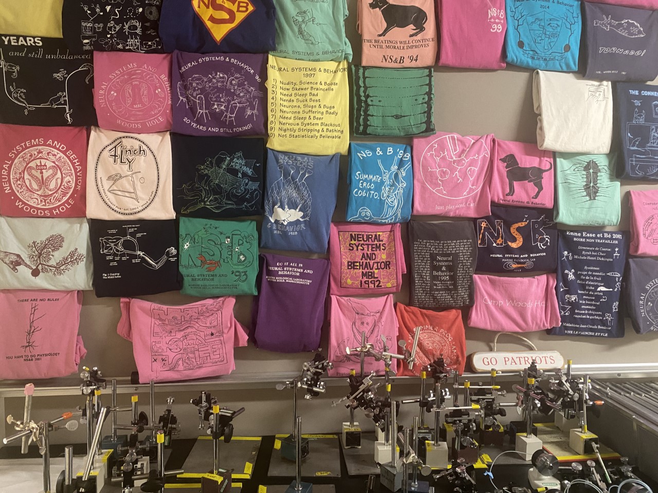 A montage of course T-shirts from past years outside the Neural Systems & Behavior lab in Loeb Laboratory. Credit: Diana Kenney