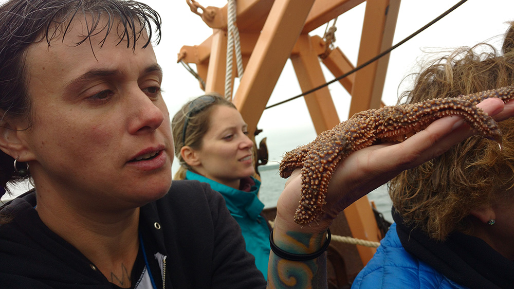 Woman holding a starfish on a boat