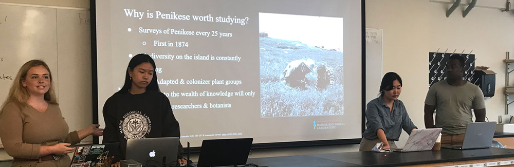 UChicago students present their Penikese Island vegetation survey to fellow MBL September course students. Left to right: Sophie Hartley, Ally Cong, Patricia Zito, Kaji Lungu.