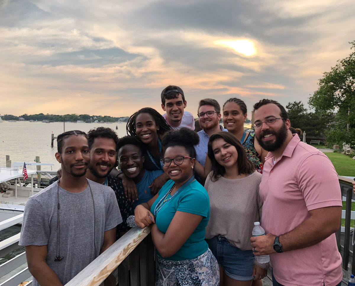 Taking in a Woods Hole evening during SPINES 2019 (L-R): (first row) Omar Koita, Michael Rosario, Sena Agezo, Angeline Dukes, Audrey Weber, and Zachary Jones; (top) Nahdia Jones, Adbiel Rodriguez, Alejandro Lopez, and Ismary Blanco.