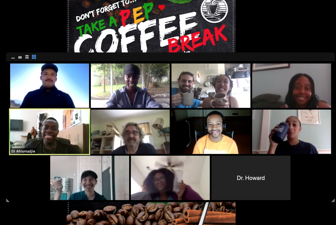 Students in the Woods Hole PEP (Partnership in Education Program) meet for coffee break sessions as part of their virtual experience and as a way to stay in touch. In the center row, second from left, is PEP Program Director George Liles.