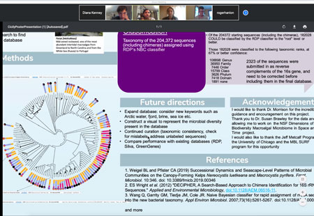 Metcalf fellow Cicily Padaam zooms in on her poster to explain future directions of the research.