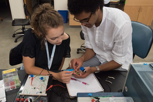 Building a circuit for a voltage clamp in the “Observing Proteins in Action” course. L-R: Savy Johnson, 2nd-year Biology/Economics major and Matthew Lawson, 2nd-year Neuroscience/Psychology major. Photo by Tom Kleindinst