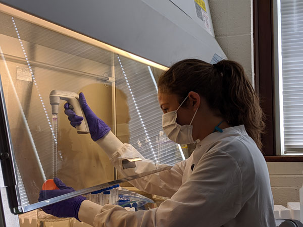 Anna Maglio, a research assistant in David Mark Welch's lab, prepares viral transport kits for COVID-19 tests.