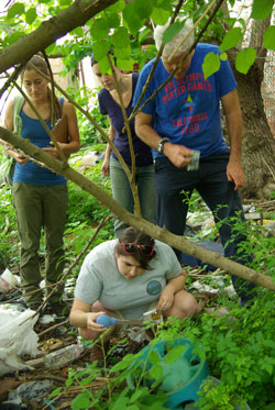 A scientist from the Baltimore Ecosystem Study project shows 2014 Logan Science Journalism Fellows where to collect their samples. Standing from left are Codi Kozacek (Circle of Blue), Susan Phillips (WHNY-National Public Radio), and Nick Clark (Al Jazeera English).