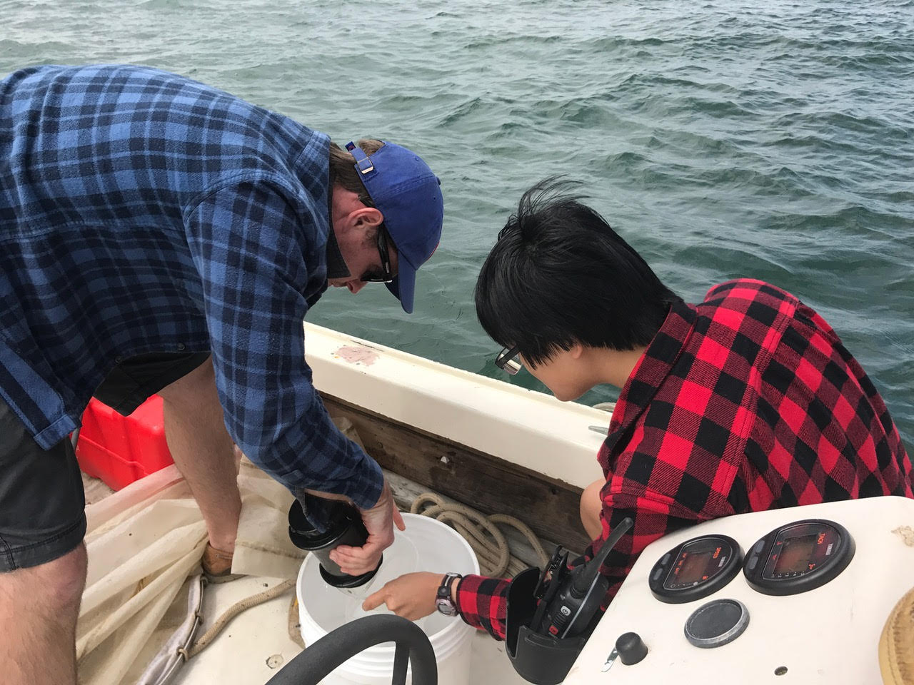 Lorna Mitchison-Field collecting water samples from Buzzards Bay with Scott Bennett of the MBL Marine Resources Center. Credit: Amy S. Gladfelter
