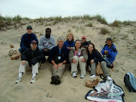 SJP Environmental Fellows and Chris Neill (center), director of the Environmental Course, take a break from field work on Martha's Vineyard.