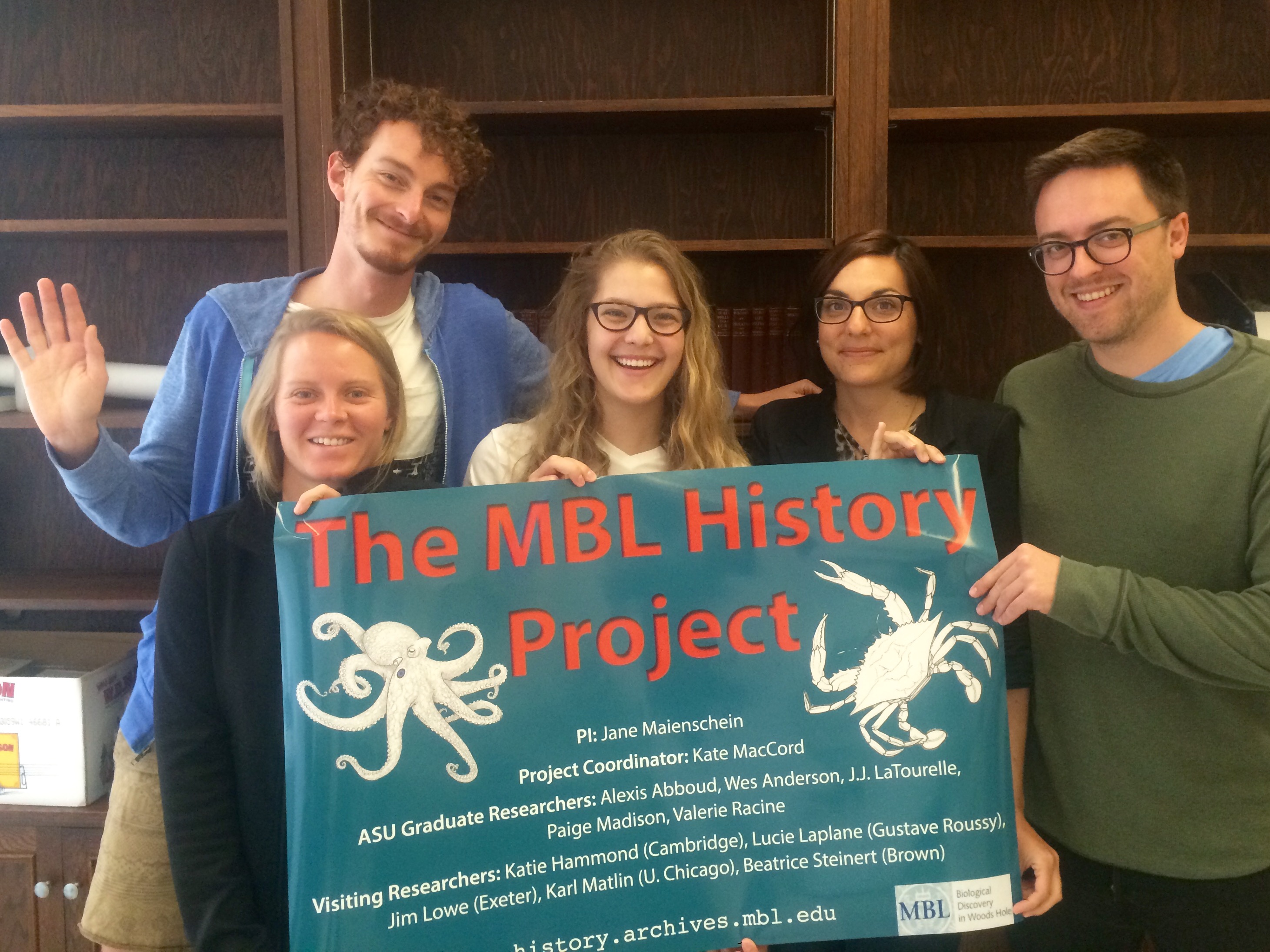 Arizona State University students and members of the MBL History Project team. From left to right: Jonathan (JJ) Latourelle, Paige Madison, Alexis Abboud, Valerie Racine, and Wesley Anderson.