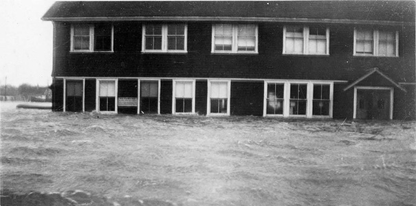 The MBL’s flooded Supply Department building during the 1938 Hurricane.