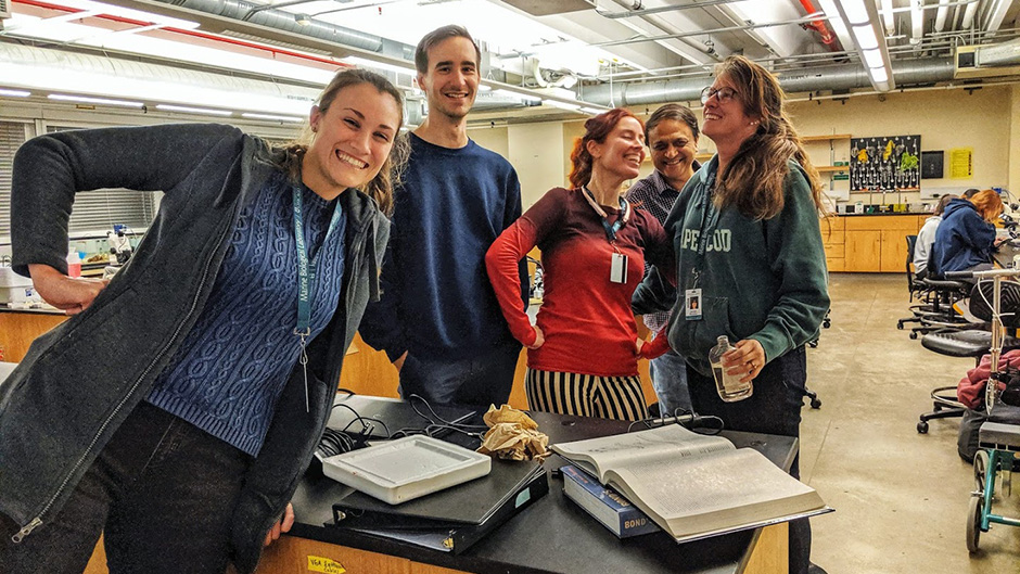 Left to right: Nipam Patel lab members Sophia Kelly, Kyle DeMarr, Heather Bruce, Nipam Patel, and Jenny McCarthy share some laughs while helping out with the high-school course!