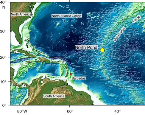 Image of North Pond, an isolated sediment pond on the western flank of the Mid-Atlantic Ridge