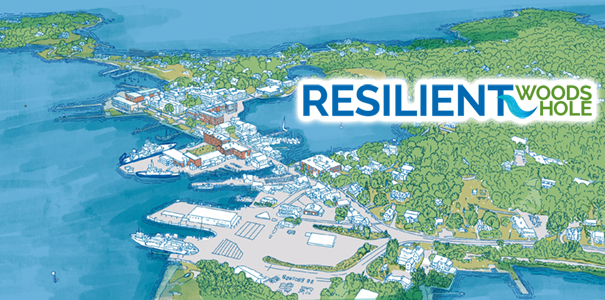 Resilient Woods Hole banner with graphic rendering of Woods Hole, MA.