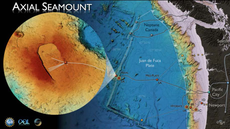 Location of Axial Seamount and its Regional Scale Node (RSN), part of the Ocean Observatories Initiative’s cabled observatory network.  Image credit: Regional Scale Nodes, University of Washington.
