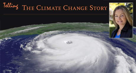 Satellite image of hurricane with Susan Hassol headshot