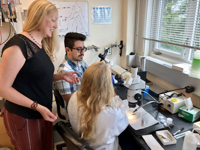 Jennifer Morgan talks with MBL research assistants Kaitlyn Fouke and Eduardo Guadarrama. Photo: Hannah Knighton