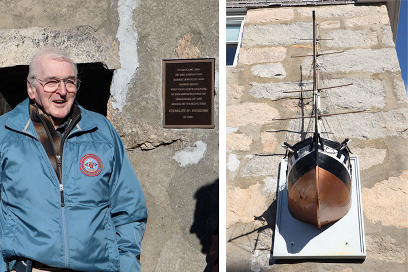 Left: Robert Hampton, former head of the MBL boat shop, stands next to the new plaque. Right: The model of the Charles W. Morgan attached to the MBL Candle House building. Credit: Emily Greenhalgh, MBL