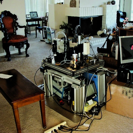 The original PALM microscope in Harald Hess's living room, where Eric Betzig and Hess built it. Photo courtesy E. Betzig