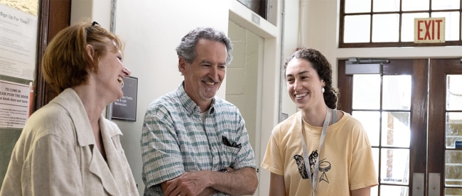 From left, Rosalee Maffitt of the Massachusetts Life Sciences Center, MBL Director of Imaging Services Louis Kerr, and MBL Research Assistant Sarah Kerr at the microscopy open house at MBL on June 26. Credit: Dee Sullivan