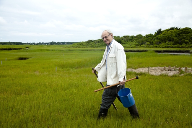 A man in a white lab coat and boots carries a bucket and other field equipment through a marsh.
