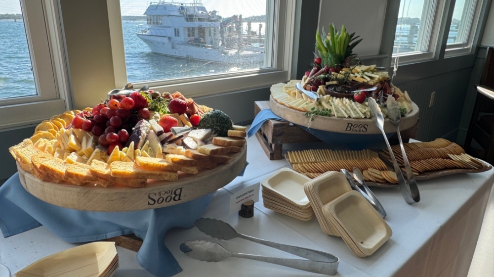 Plates with bread, cheeses, fruits and vegetables. Ship seen in background.