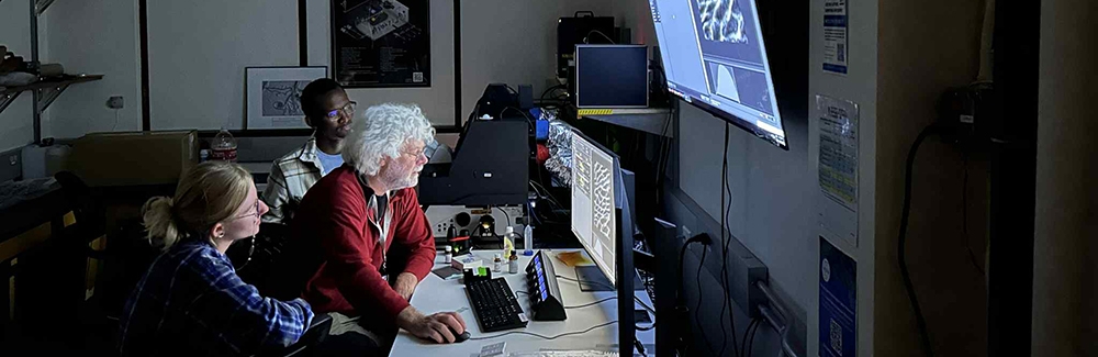 Light Microscopy Bootcamp director Ed Munro (center) imaging on the Leica Stellaris 8 in the MBL’s Central Microscopy Facility with students Segun Ogungbemi and Claire Hornburg. 