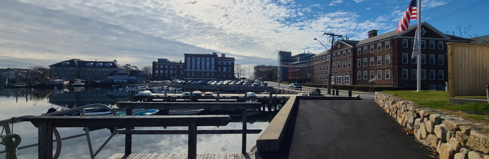 This photo shows an overview of the Marine Biological campus next to the water. The sun is shining above an American flag on the left side of the picture.