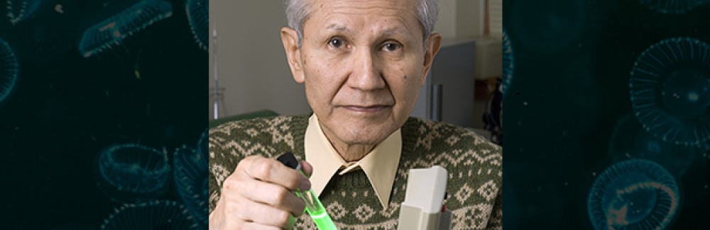 Osamu Shimomura holds a test tube containing green fluorescent protein (GFP) in a water solution. 