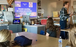 MBL scientist Roger Hanlon speaks to Falmouth High School students about his research on cephalopod camouflage. Photo courtesy Jane Baker