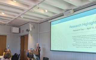 Director of Research Anne Sylvester speaks infront of a slide at the 2024 Research Day at the MBL