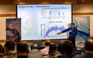 MBL's Scott Bennet speaks at the American Saltwater Guides Fisheries Science Symposium at the MBL. May 17, 2024. (Credit SWGA)