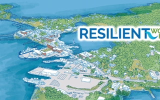 Resilient Woods Hole banner with graphic rendering of Woods Hole, MA.
