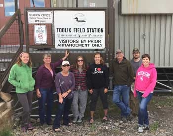 group in front of toolik lake sign
