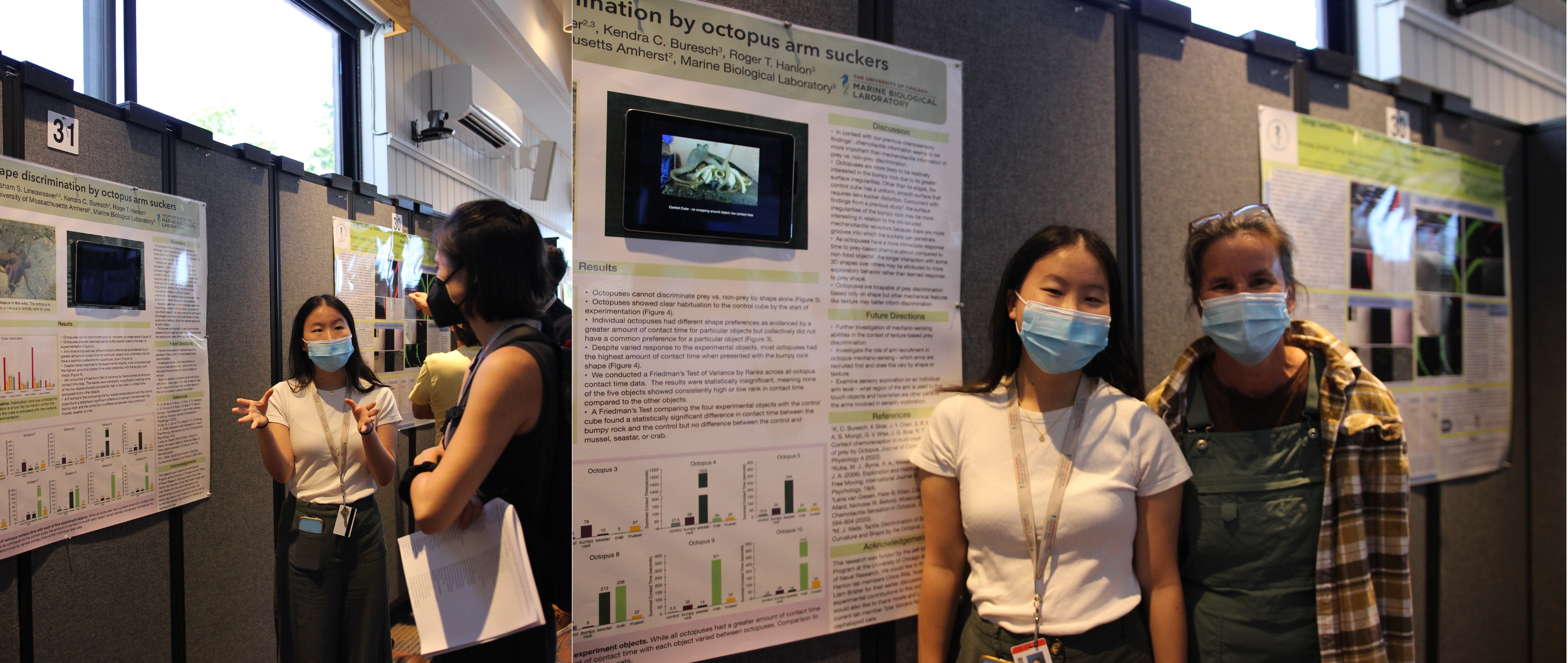 Elaine Zhou explains her project to Grass Fellow Z. Yan Wang and poses with her mentor Kendra Buresch at REU poster session. Credit: Nora Bradford
