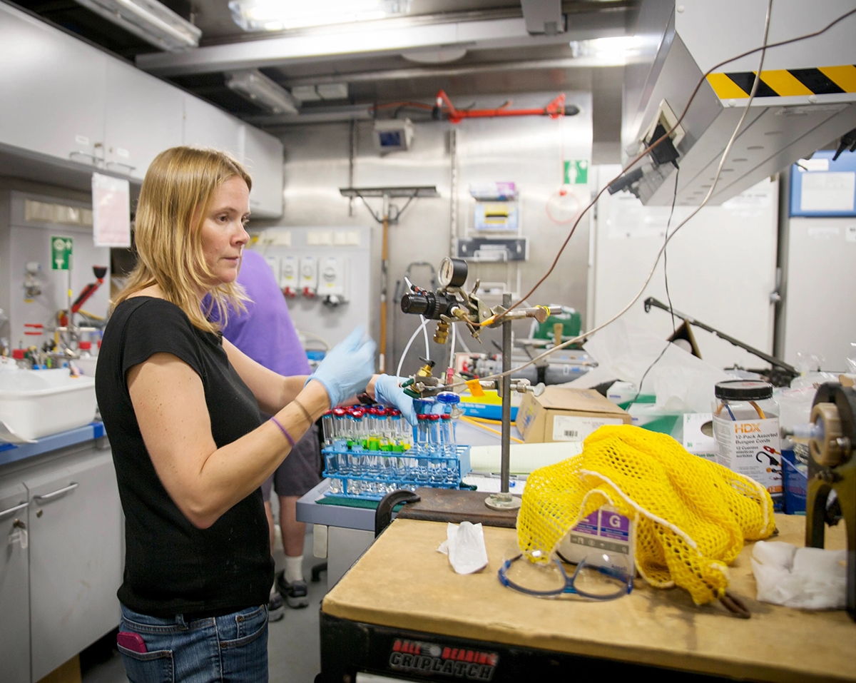 Photo: Julie Huber processing the latest vent fluid samples in R/V Falkor’s 'wet lab.' Credit: Thom Hoffman