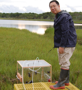 Jianwu (Jim) Tang measures greenhouse gas emissions from a salt marsh in Waquoit Bay, Mashpee, Massachusetts.