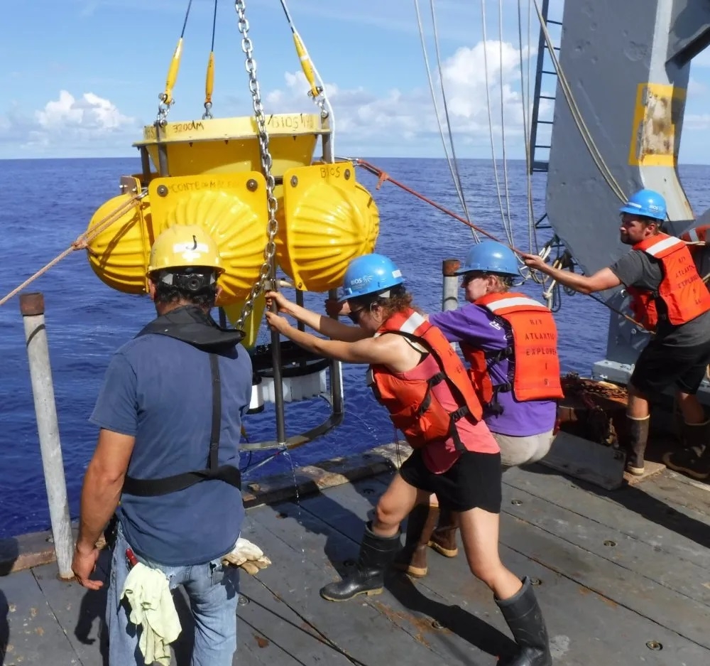 Marine Biological Laboratory Fellow Maureen Conte (center right) and crew of the R/V Atlantic Explorer recover a deep ocean sediment trap. (Courtesy J.C. Weber)