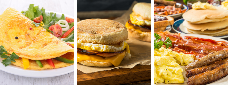 omelet, egg sandwich and breakfast plate
