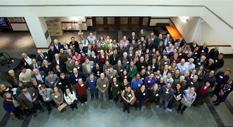 Attendees pose for a group shot during the Marine Biological Laboratory (MBL)-University of Chicago Retreat at the Biological Sciences Learning Center on the UChicago campus