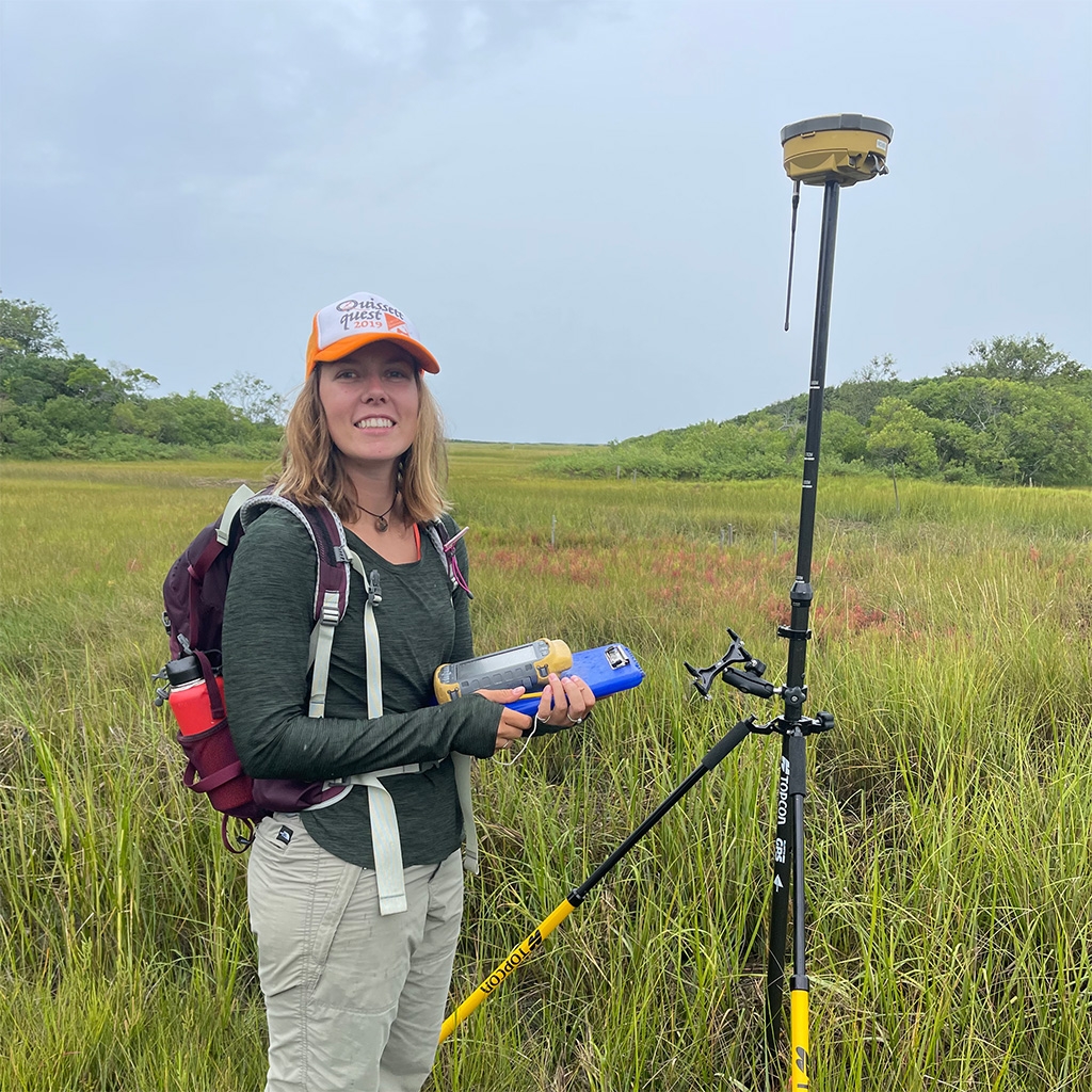 MBL Research Assistant Kelsey Chenoweth measuring platform elevation in Great Sippewissett Marsh. 