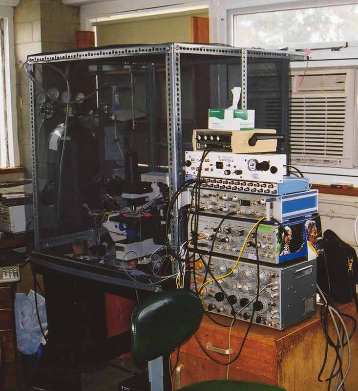 An electrophysiology rig for recording electrical activity from neurons in the Jonas-Kaczmarek-Hardwick lab in 2001.
