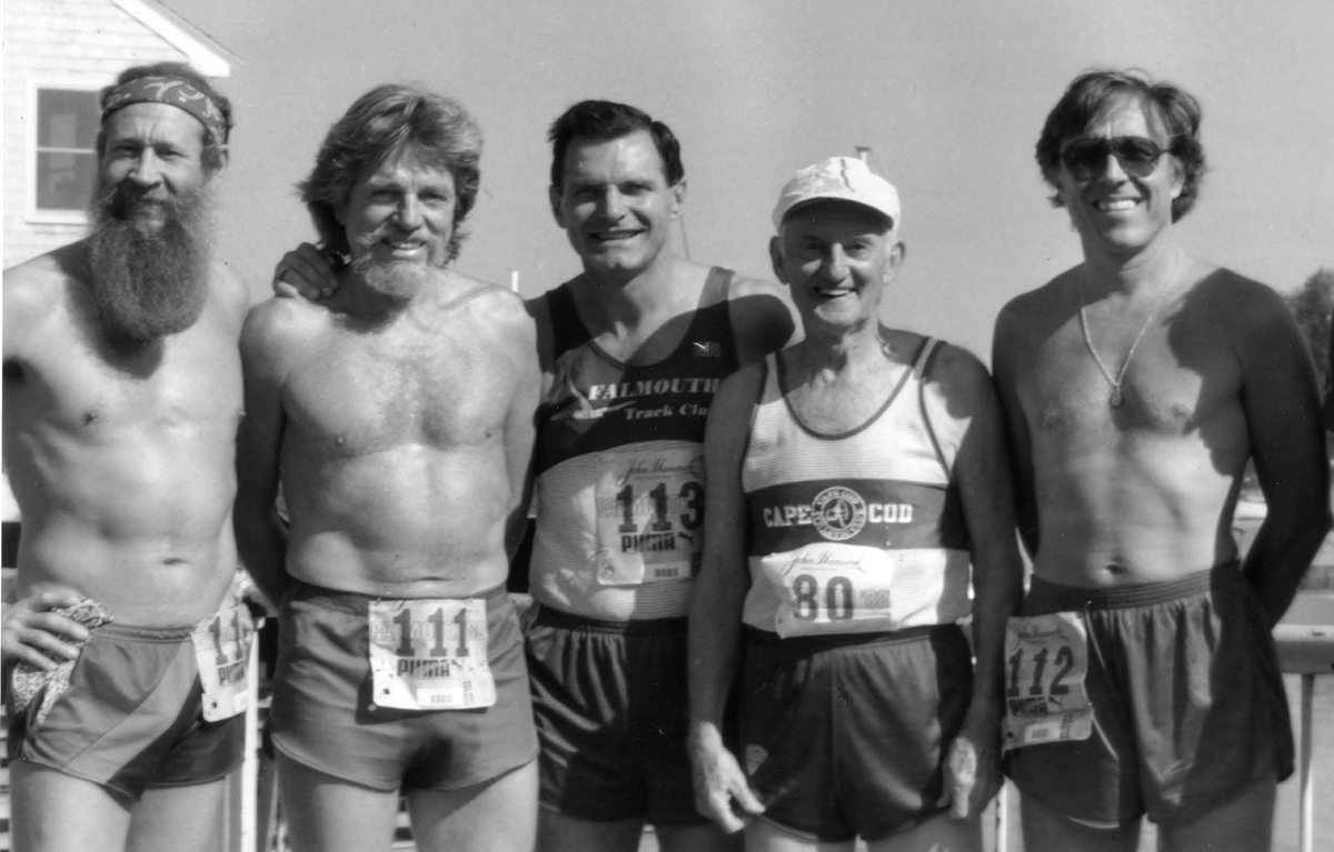 Four of the “Falmouth Five,” who ran every Falmouth Road Race beginning in 1973. From left, Brian Salzberg, Michael Bennett, Ron Pokraka, legendary marathoner Johnny Kelley, and Don Delinks.