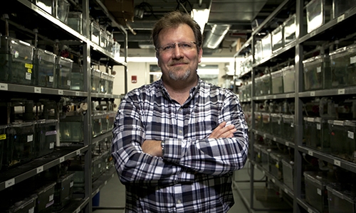 Marko Horb in front of frog tanks in the NXR.