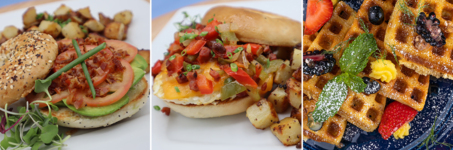 A compilation photo showing two breakfast sandwiches and belgian waffles with fruit.