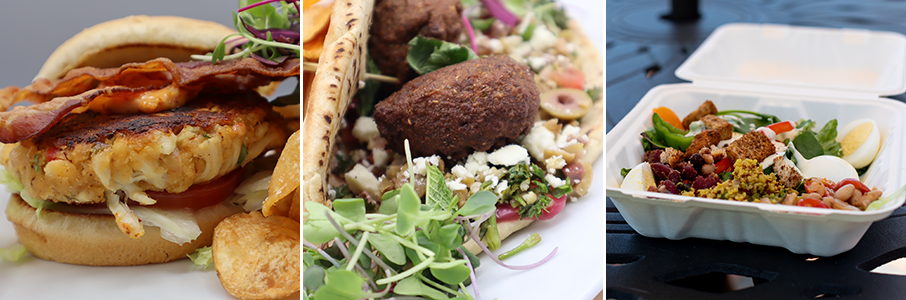 A compilation photo showing a fish sandwich, a falafel sandwich and a salad.