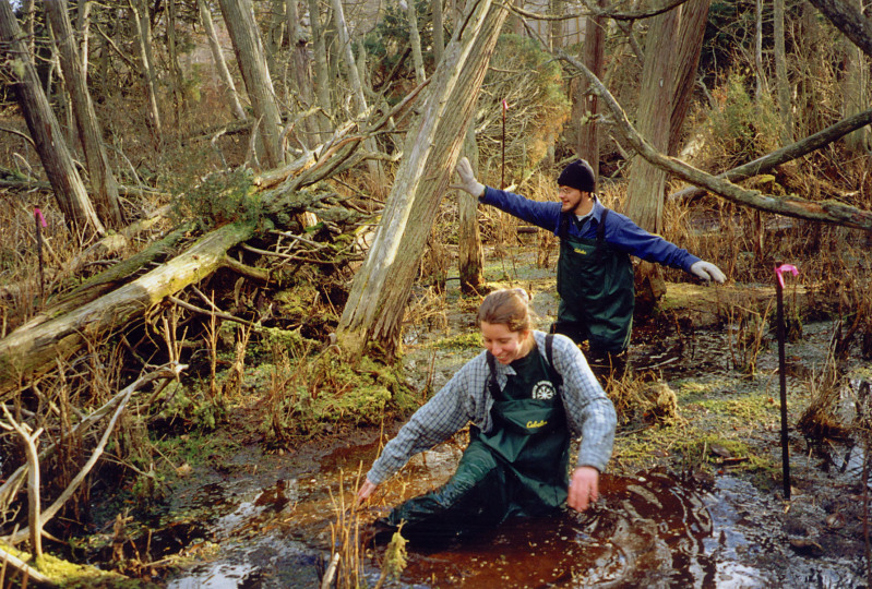 This photo shows two students in the woods stepping into a body of water.