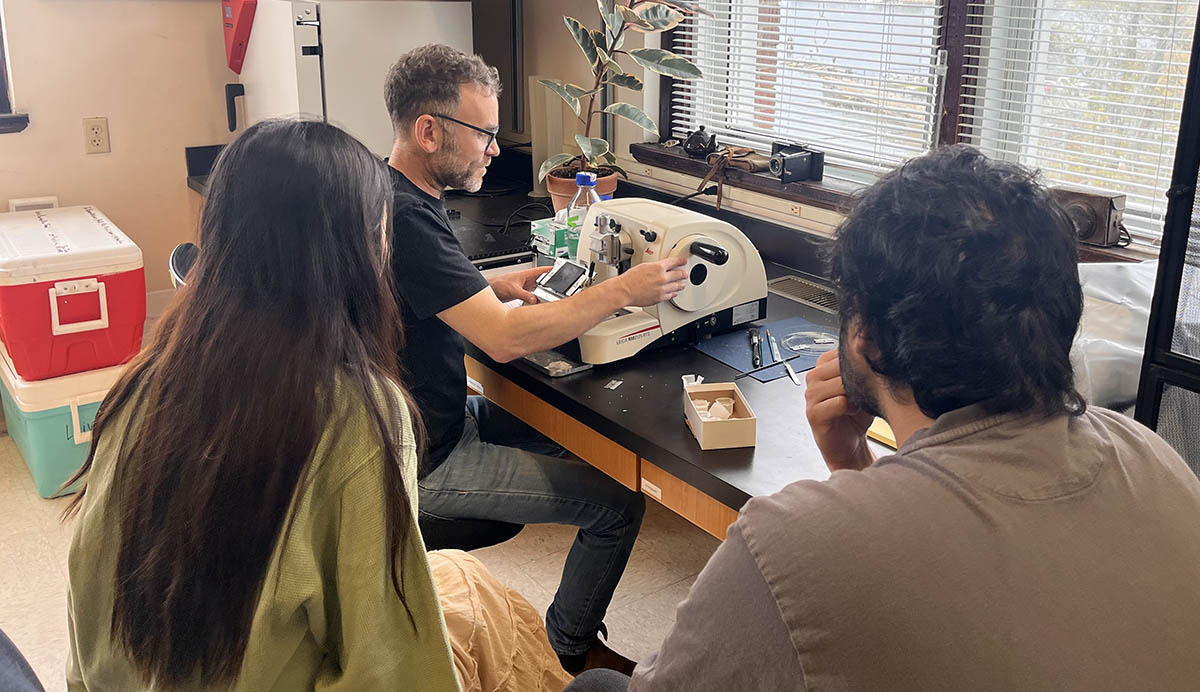 Two students, one in a green shirt and one in a brown shirt, watch a scientist prepare microscopy samples.